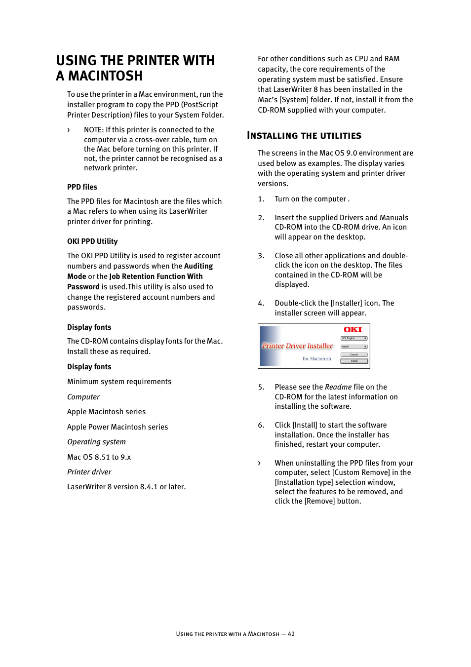 Using the printer with a macintosh, Ppd files, Oki ppd utility | Display fonts, Installing the utilities | Oki B8300 User Manual | Page 43 / 95