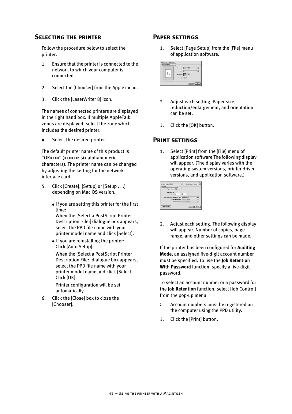 Selecting the printer, Paper settings, Print settings | Paper settings print settings | Oki B8300 User Manual | Page 44 / 95