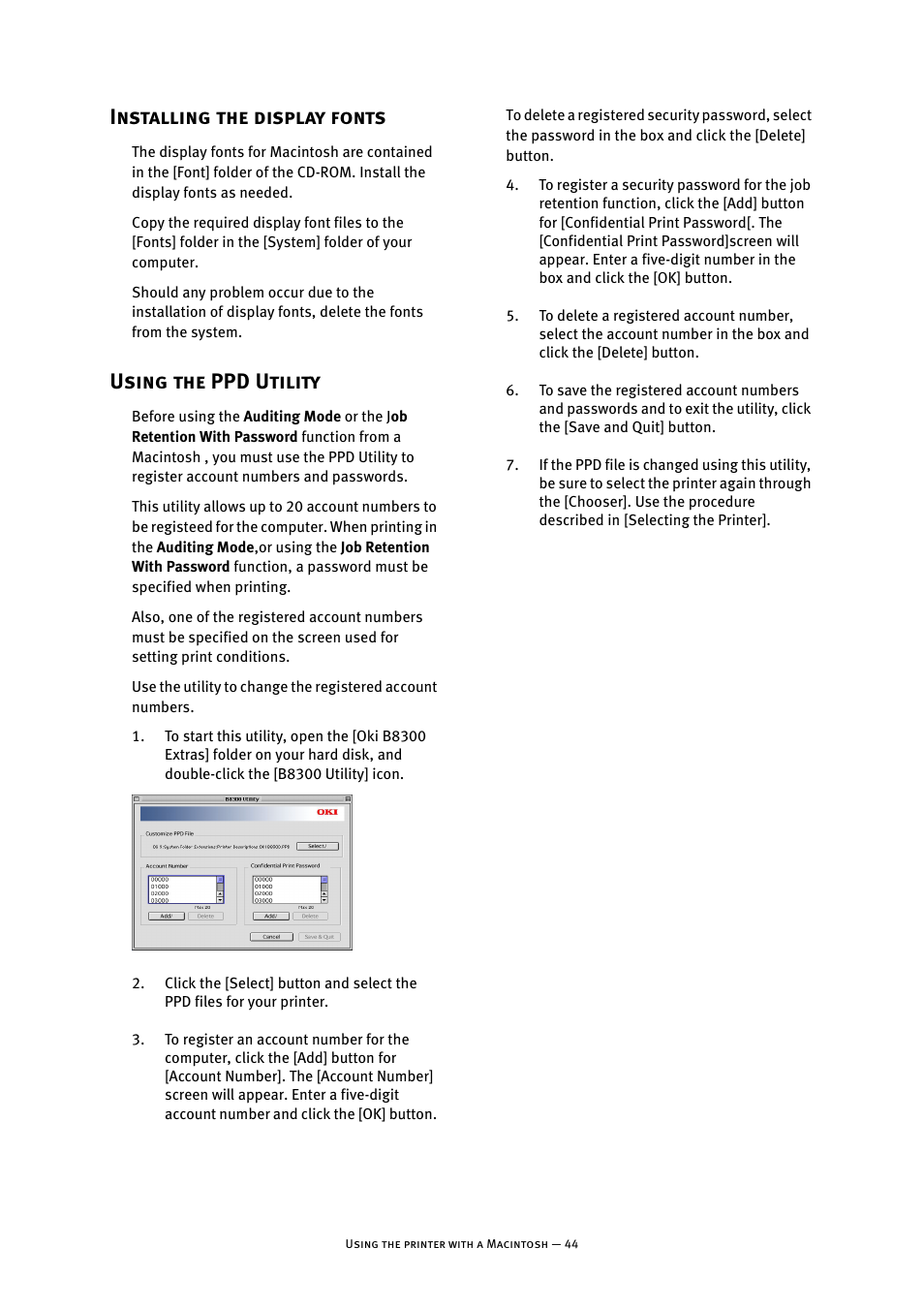 Installing the display fonts, Using the ppd utility, Installing the display fonts using the ppd utility | Oki B8300 User Manual | Page 45 / 95