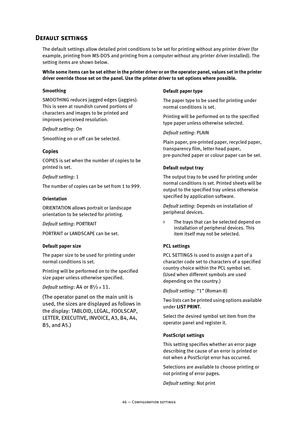 Default settings, Smoothing, Copies | Orientation, Default paper size, Default paper type, Default output tray, Pcl settings, Postscript settings | Oki B8300 User Manual | Page 47 / 95