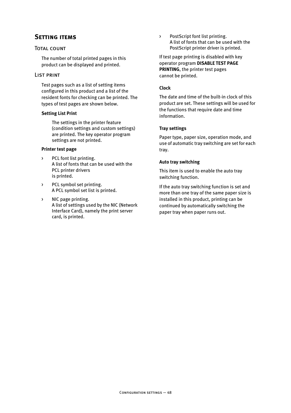 Setting items, Total count, List print | Clock, Tray settings, Auto tray switching, Total count list print | Oki B8300 User Manual | Page 49 / 95