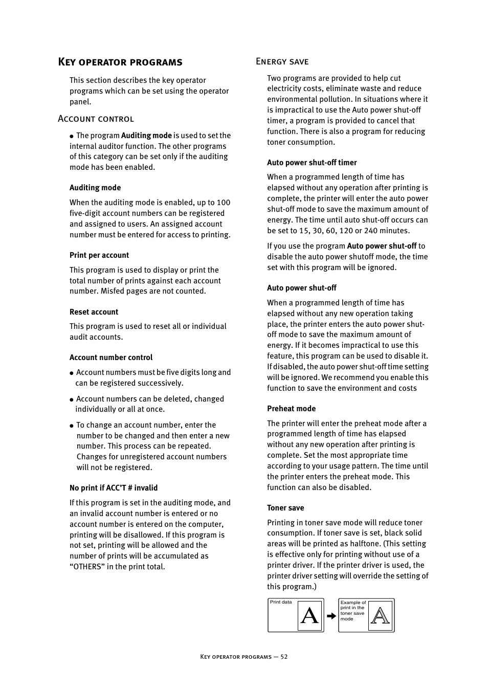 Key operator programs, Account control, Auditing mode | Print per account, Reset account, Account number control, No print if acc’t # invalid, Energy save, Auto power shut-off timer, Auto power shut-off | Oki B8300 User Manual | Page 53 / 95