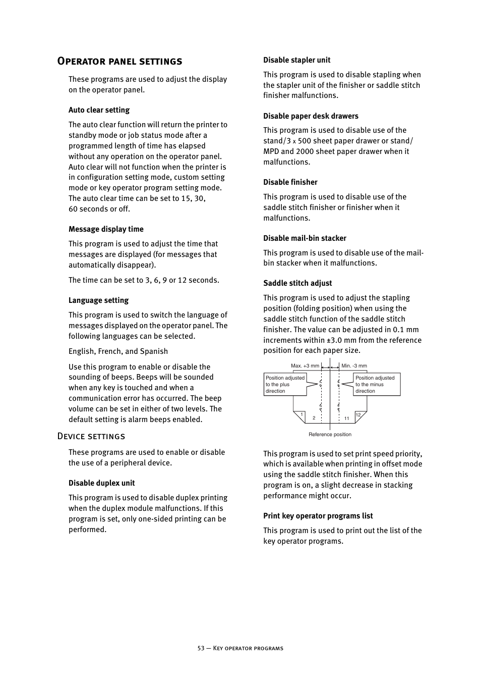 Operator panel settings, Auto clear setting, Message display time | Language setting, Device settings, Disable duplex unit, Disable stapler unit, Disable paper desk drawers, Disable finisher, Disable mail-bin stacker | Oki B8300 User Manual | Page 54 / 95