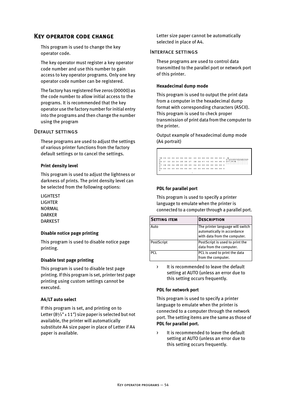 Key operator code change, Default settings, Print density level | A4/lt auto select, Interface settings, Hexadecimal dump mode, Pdl for parallel port, Pdl for network port, Default settings interface settings | Oki B8300 User Manual | Page 55 / 95