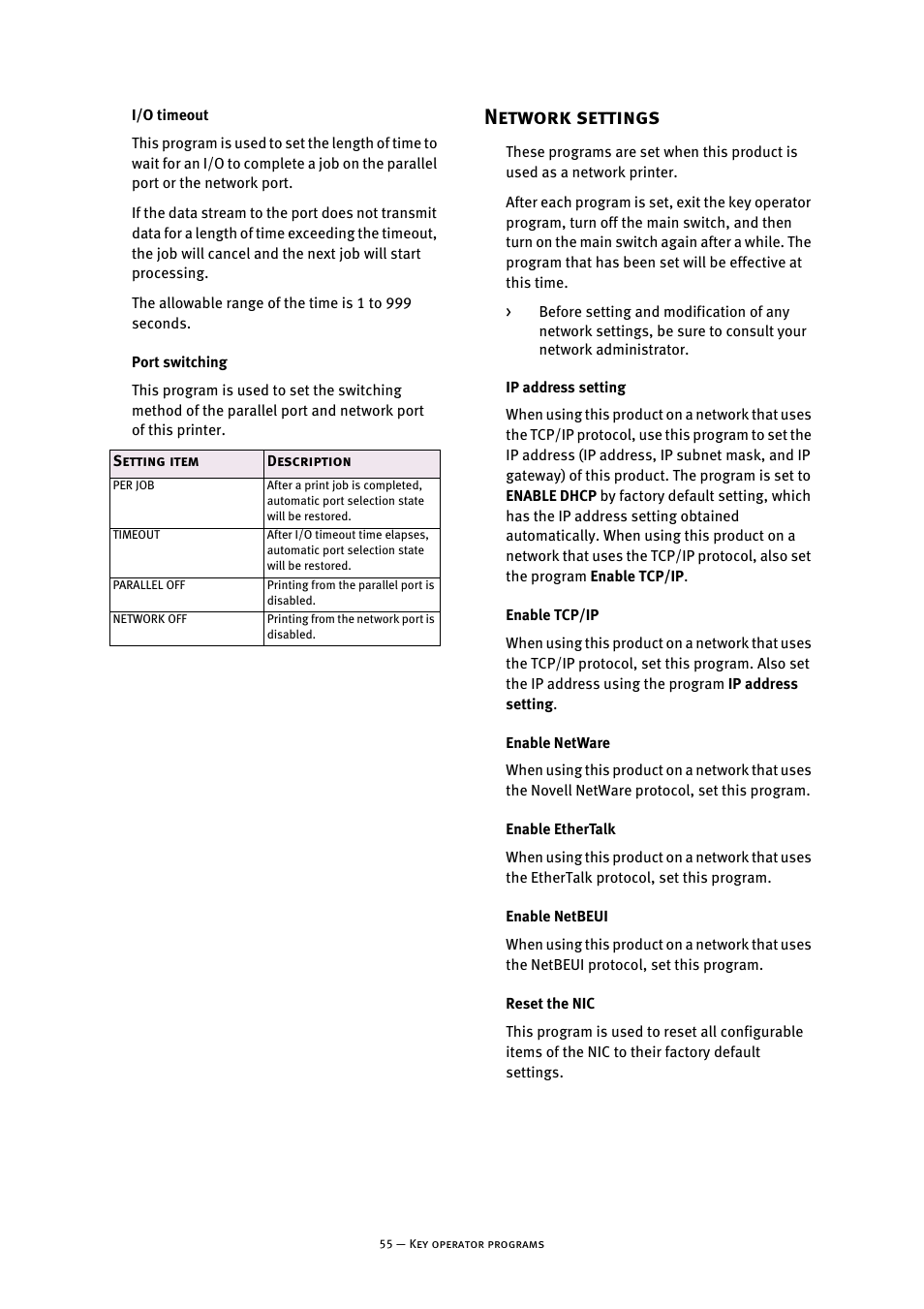 I/o timeout, Port switching, Network settings | Ip address setting, Enable tcp/ip, Enable netware, Enable ethertalk, Enable netbeui, Reset the nic | Oki B8300 User Manual | Page 56 / 95