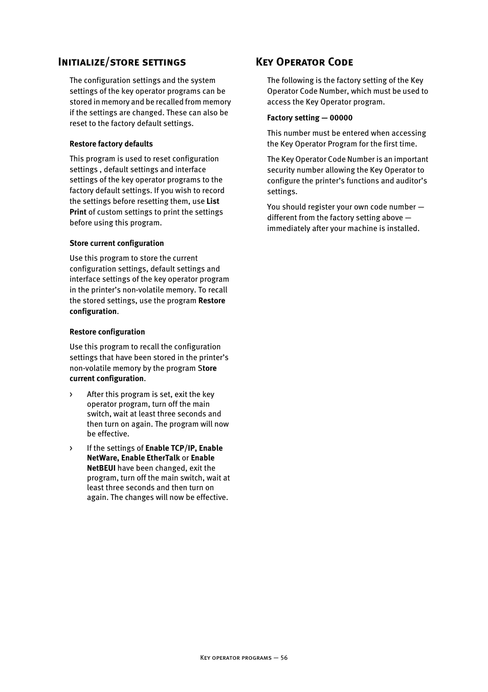 Initialize/store settings, Restore factory defaults, Store current configuration | Restore configuration, Key operator code, Initialize/store settings key operator code | Oki B8300 User Manual | Page 57 / 95