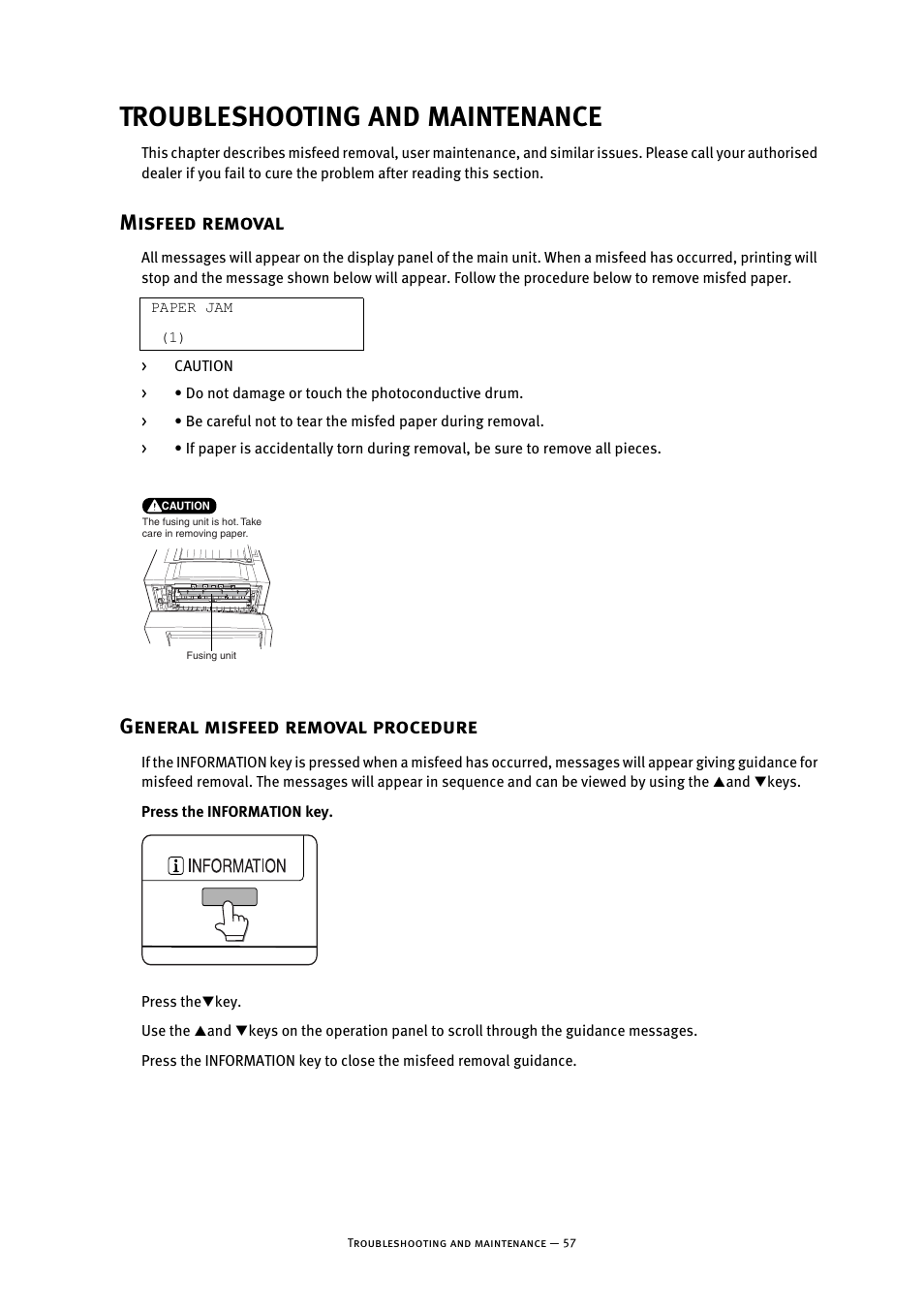 Troubleshooting and maintenance, Misfeed removal, General misfeed removal procedure | Misfeed removal general misfeed removal procedure | Oki B8300 User Manual | Page 58 / 95