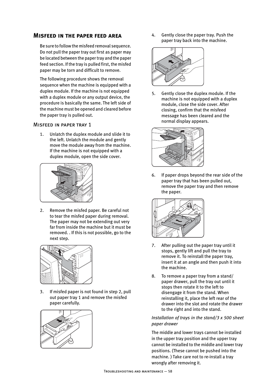 Misfeed in the paper feed area, Misfeed in paper tray 1 | Oki B8300 User Manual | Page 59 / 95