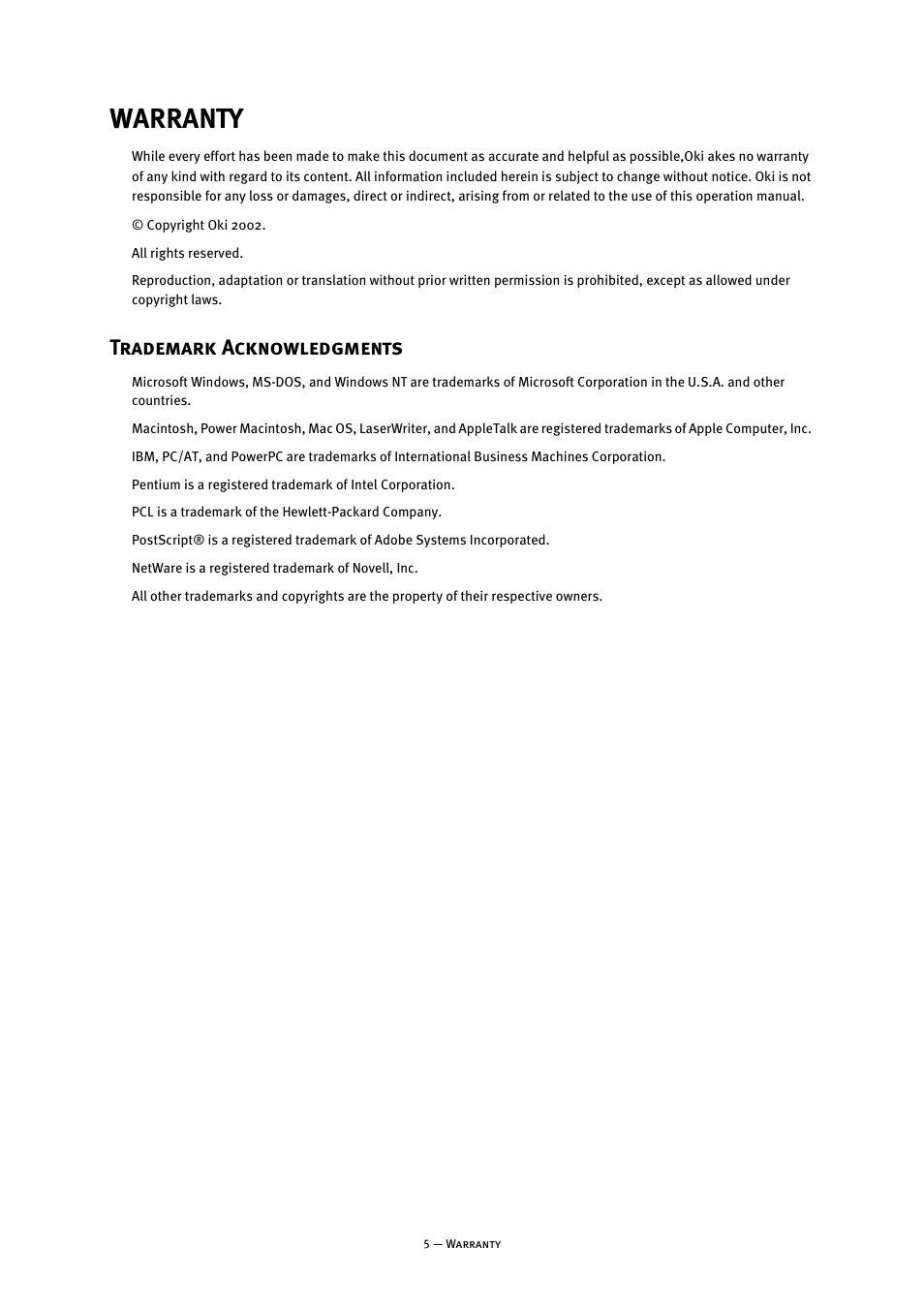 Warranty, Trademark acknowledgments, Warranty trademark acknowledgments | Oki B8300 User Manual | Page 6 / 95