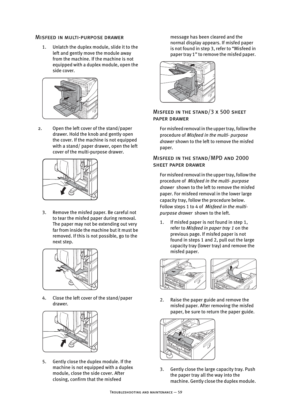 Misfeed in multi-purpose drawer, Misfeed in the stand/3 x 500 sheet paper drawer | Oki B8300 User Manual | Page 60 / 95