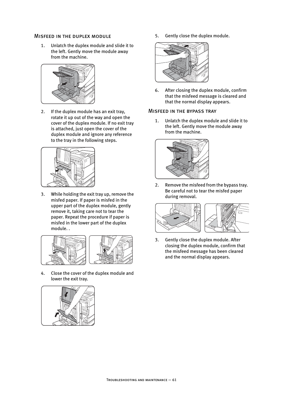 Misfeed in the duplex module, Misfeed in the bypass tray | Oki B8300 User Manual | Page 62 / 95