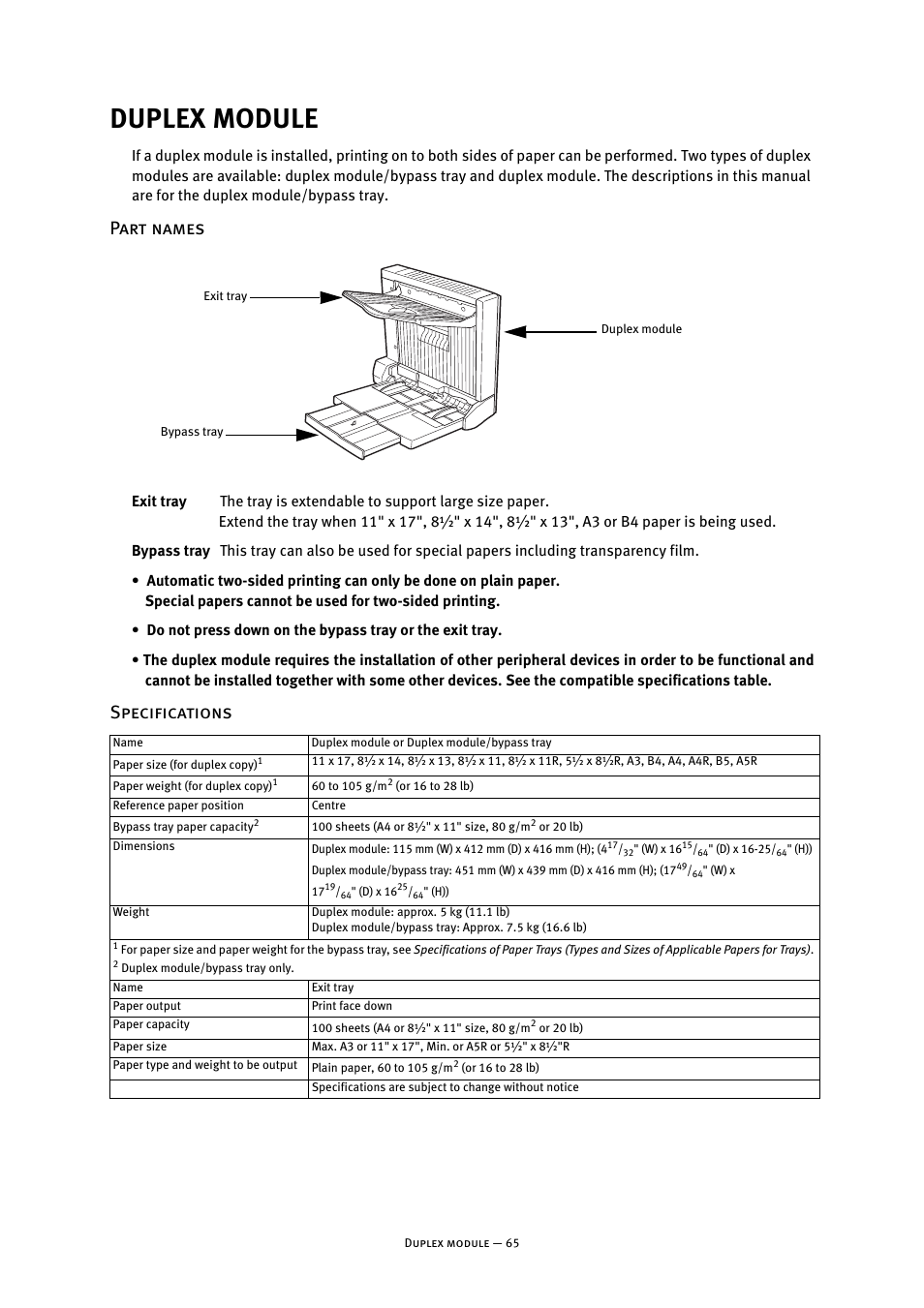 Duplex module, Part names, Specifications | Part names specifications | Oki B8300 User Manual | Page 66 / 95