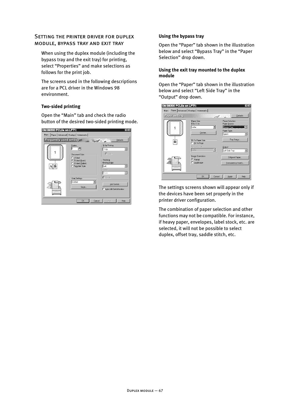 Two-sided printing, Using the bypass tray, Using the exit tray mounted to the duplex module | Oki B8300 User Manual | Page 68 / 95