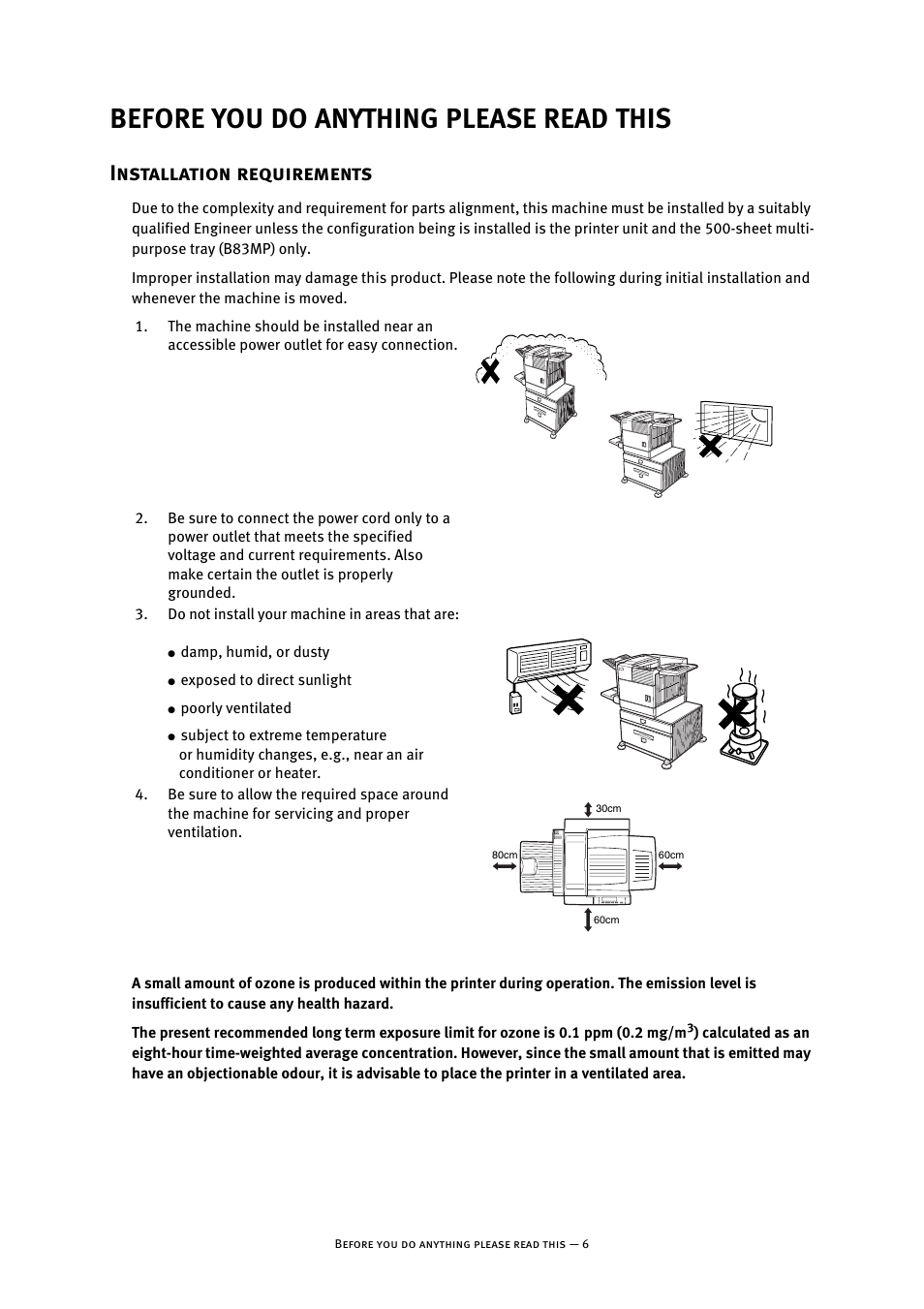 Before you do anything please read this, Installation requirements | Oki B8300 User Manual | Page 7 / 95