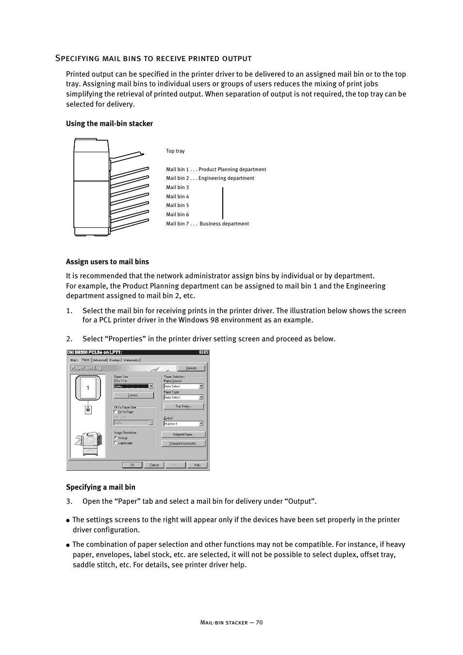 Specifying mail bins to receive printed output, Using the mail-bin stacker, Assign users to mail bins | Specifying a mail bin | Oki B8300 User Manual | Page 71 / 95