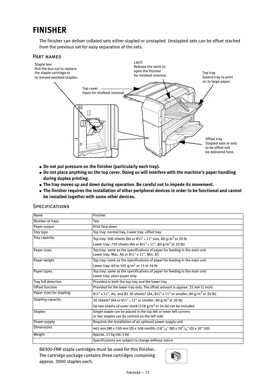 Finisher, Part names, Specifications | Part names specifications | Oki B8300 User Manual | Page 73 / 95