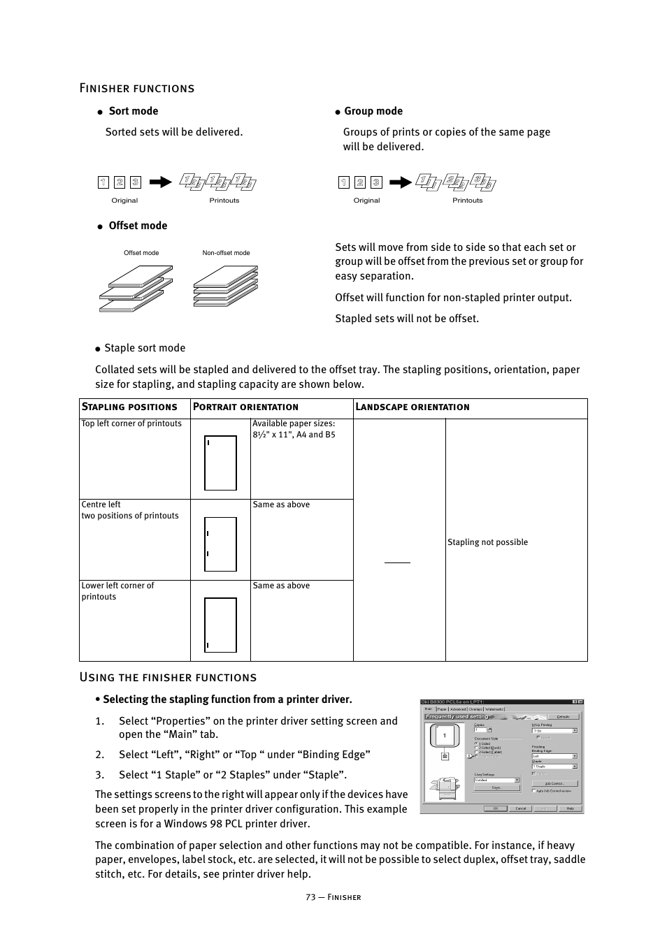 Finisher functions, Using the finisher functions, Finisher functions using the finisher functions | Oki B8300 User Manual | Page 74 / 95