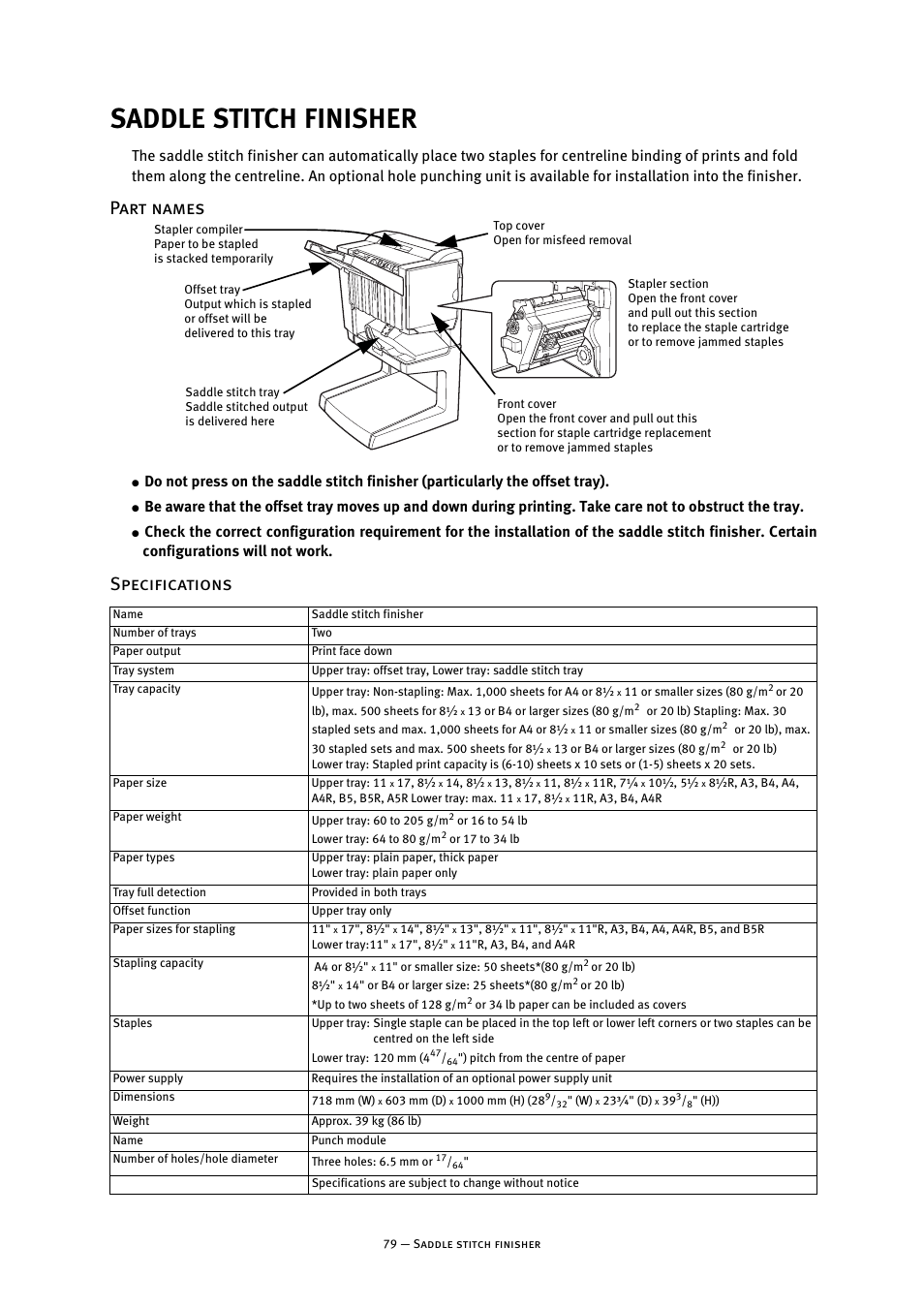 Saddle stitch finisher, Part names, Specifications | Part names specifications | Oki B8300 User Manual | Page 80 / 95