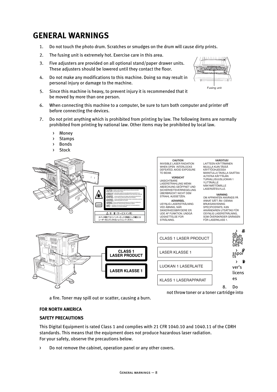 General warnings | Oki B8300 User Manual | Page 9 / 95