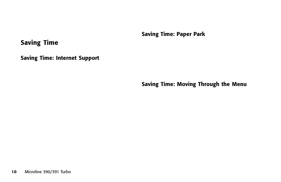 Saving time, Saving time: internet support, Saving time: paper park | Saving time: moving through the menu, Movement through menu, Saving time with, Moving through, Moving through the menu, Parameters, Saving time saving time: internet support | Oki 391 User Manual | Page 10 / 135