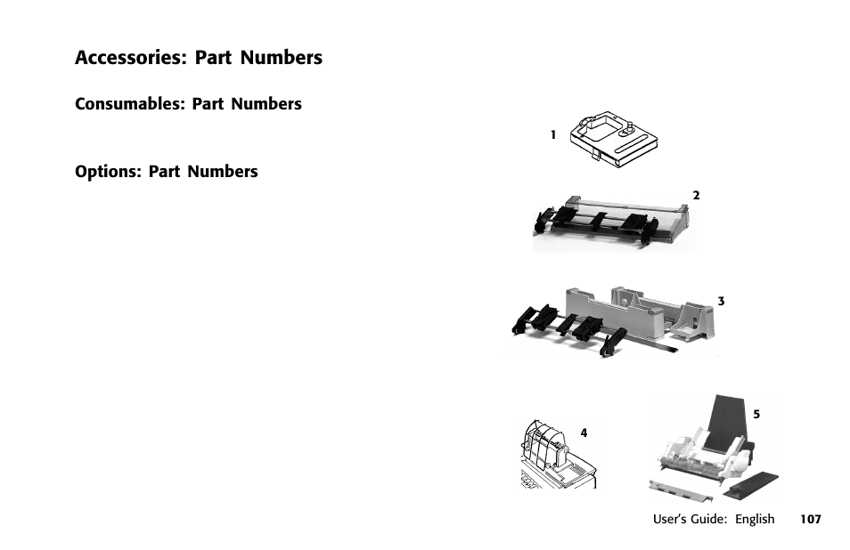 Accessories: part numbers, Consumables: part numbers, Options: part numbers | Part numbers, Pull tractor (option), Ribbon cartridge, Cut sheet feeder, Serial interface (option), Descriptions, Cut sheet | Oki 391 User Manual | Page 107 / 135