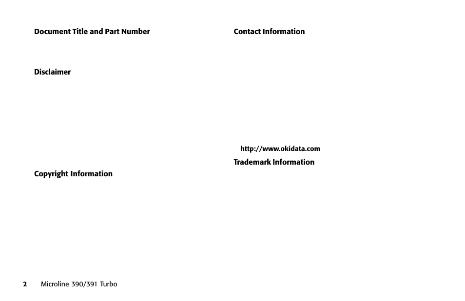 Contact information for oki data, E-mail address for oki data, Oki data web site | Mailing address for oki data, E-mail address, Mailing address, Web site | Oki 391 User Manual | Page 2 / 135