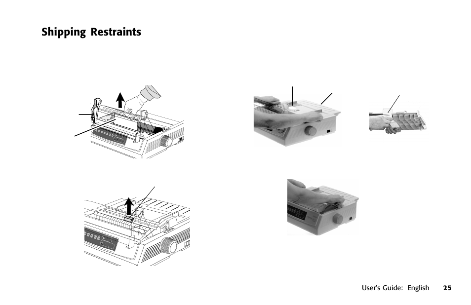 Shipping restraints, Packing for shipment, 4 install the paper separator | User’s guide: english 25 | Oki 391 User Manual | Page 25 / 135