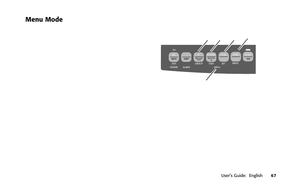 Menu mode, Group, menu mode, Item, menu mode | Settings, Menu light, Front panel keys, Group, Item, Set (item setting), Print, menu mode | Oki 391 User Manual | Page 67 / 135