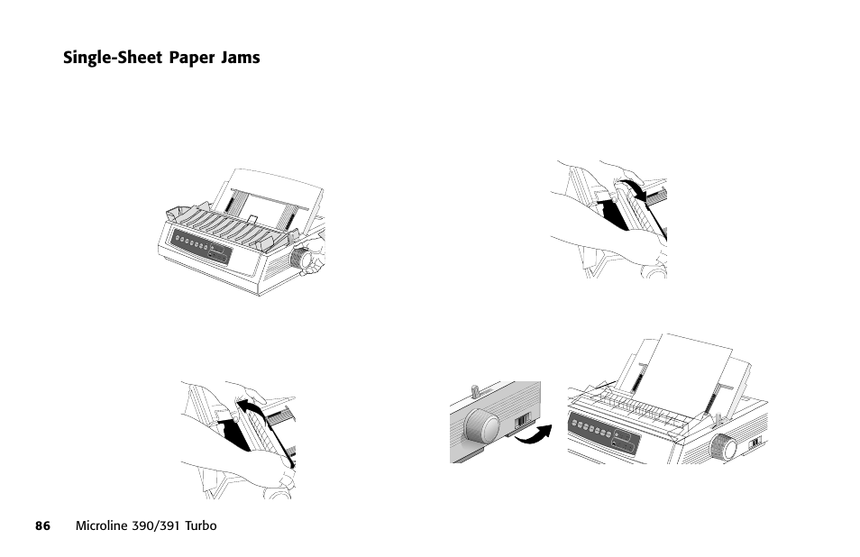 Single sheet, Single-sheet paper jams, 6 turn on the printer. load paper | Oki 391 User Manual | Page 86 / 135