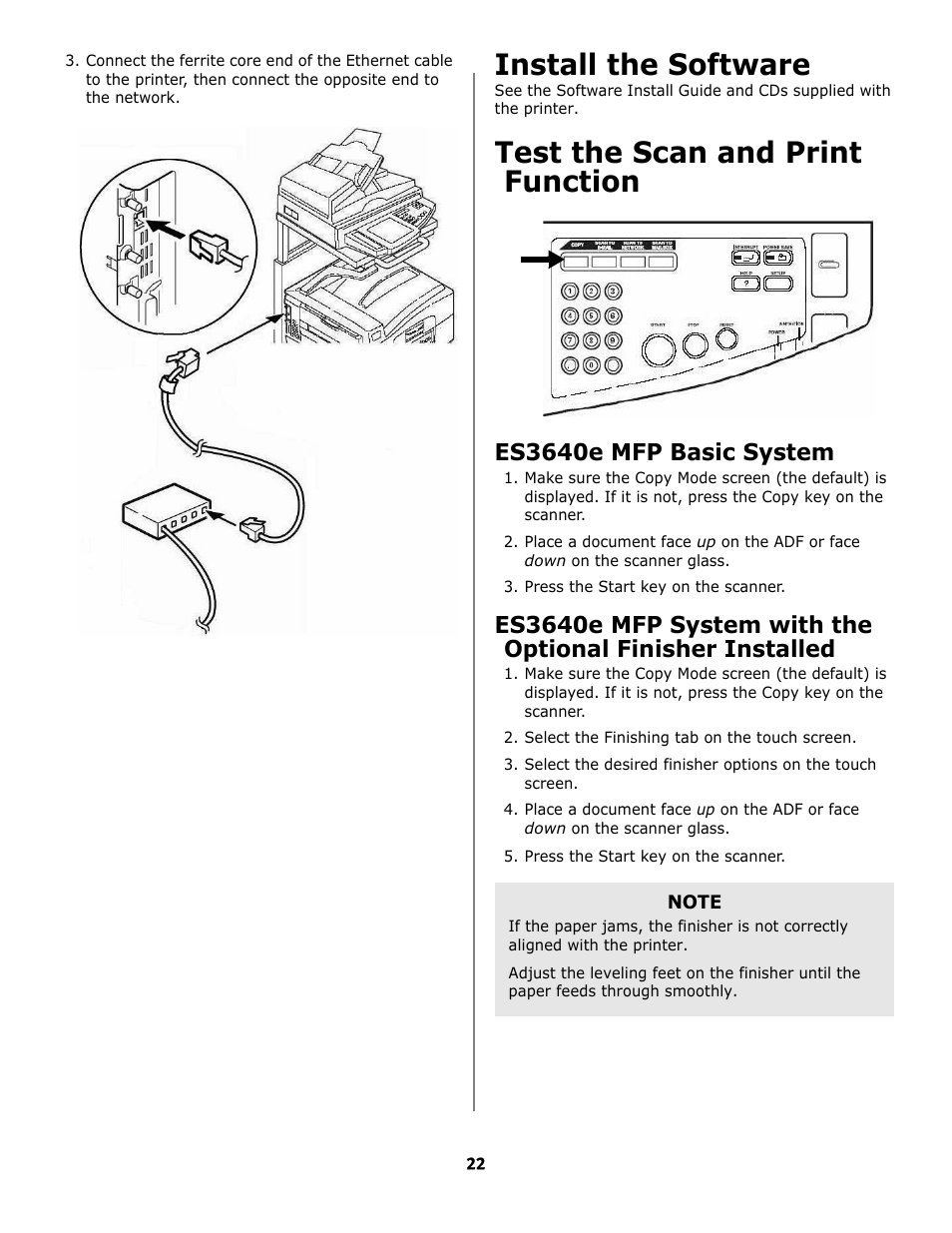 Install the software, Test the scan and print, Function | Es3640e mfp basic system | Oki ES3640E User Manual | Page 22 / 24