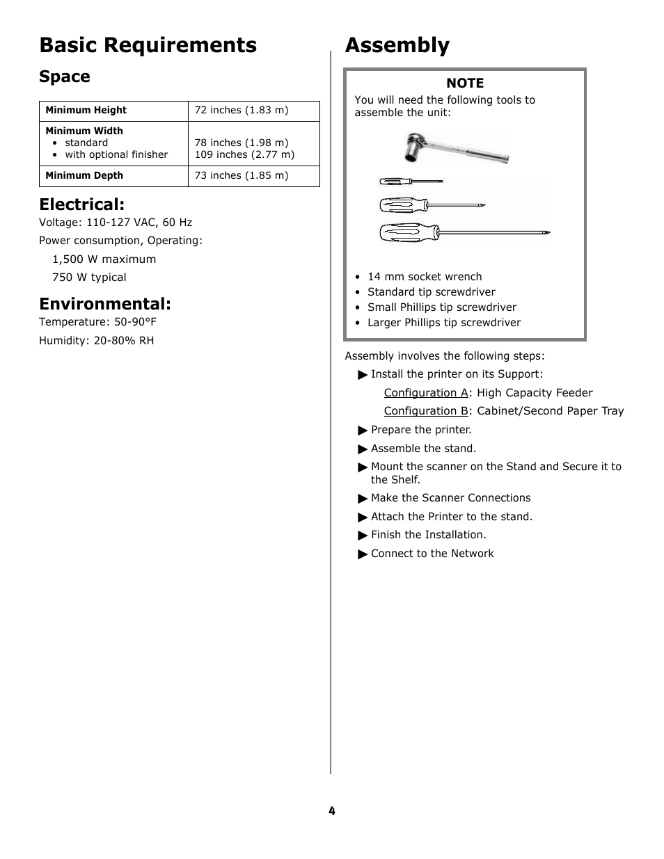 Basic requirements, Assembly, Space electrical | Environmental | Oki ES3640E User Manual | Page 4 / 24
