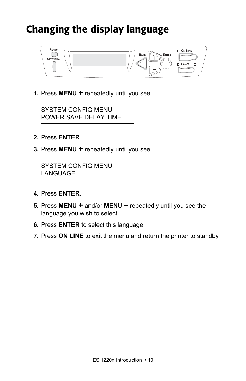 Changing the display language, Press menu, And/or menu | Oki 1220n User Manual | Page 10 / 207