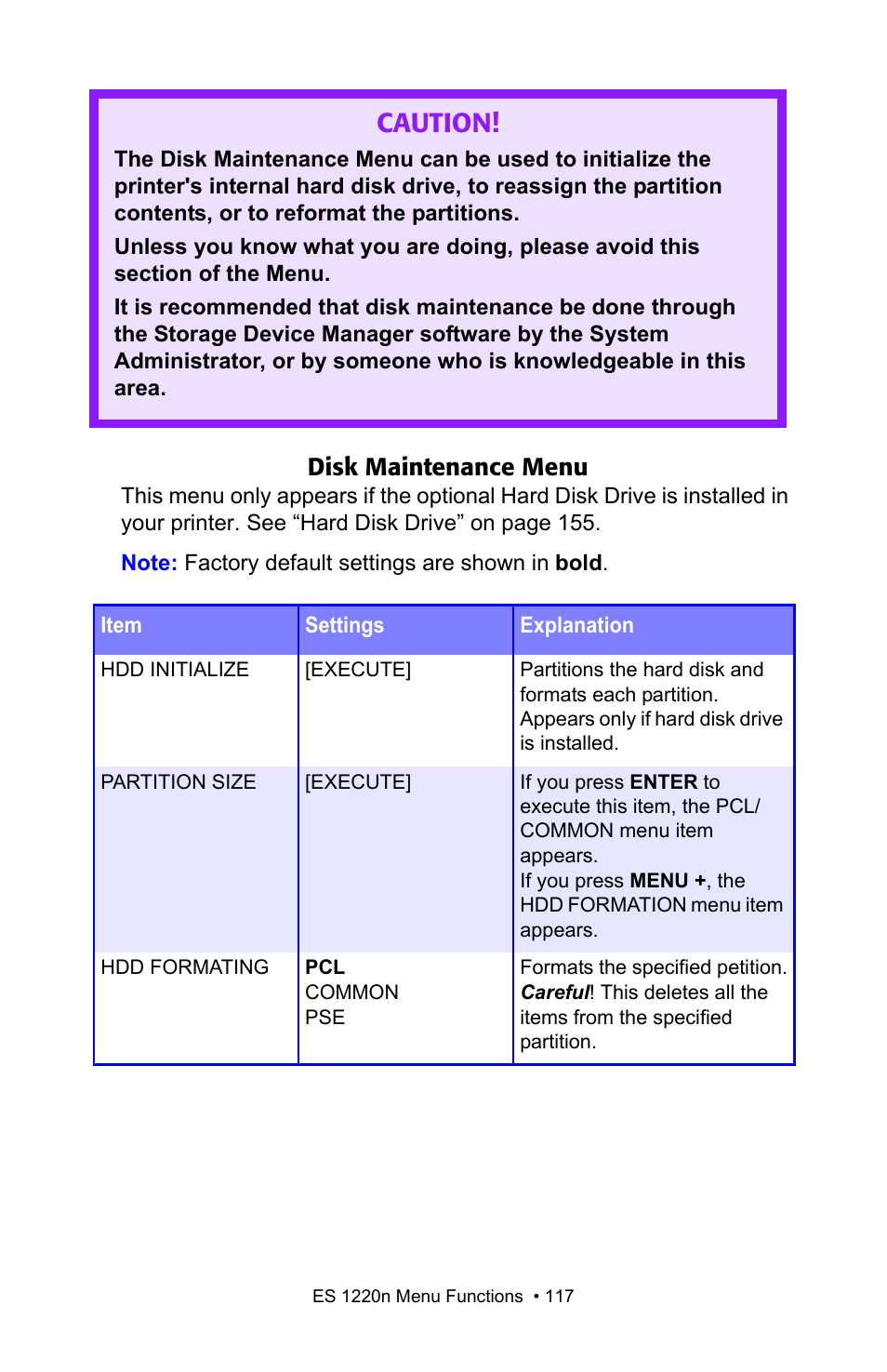 Caution, Disk maintenance menu | Oki 1220n User Manual | Page 117 / 207