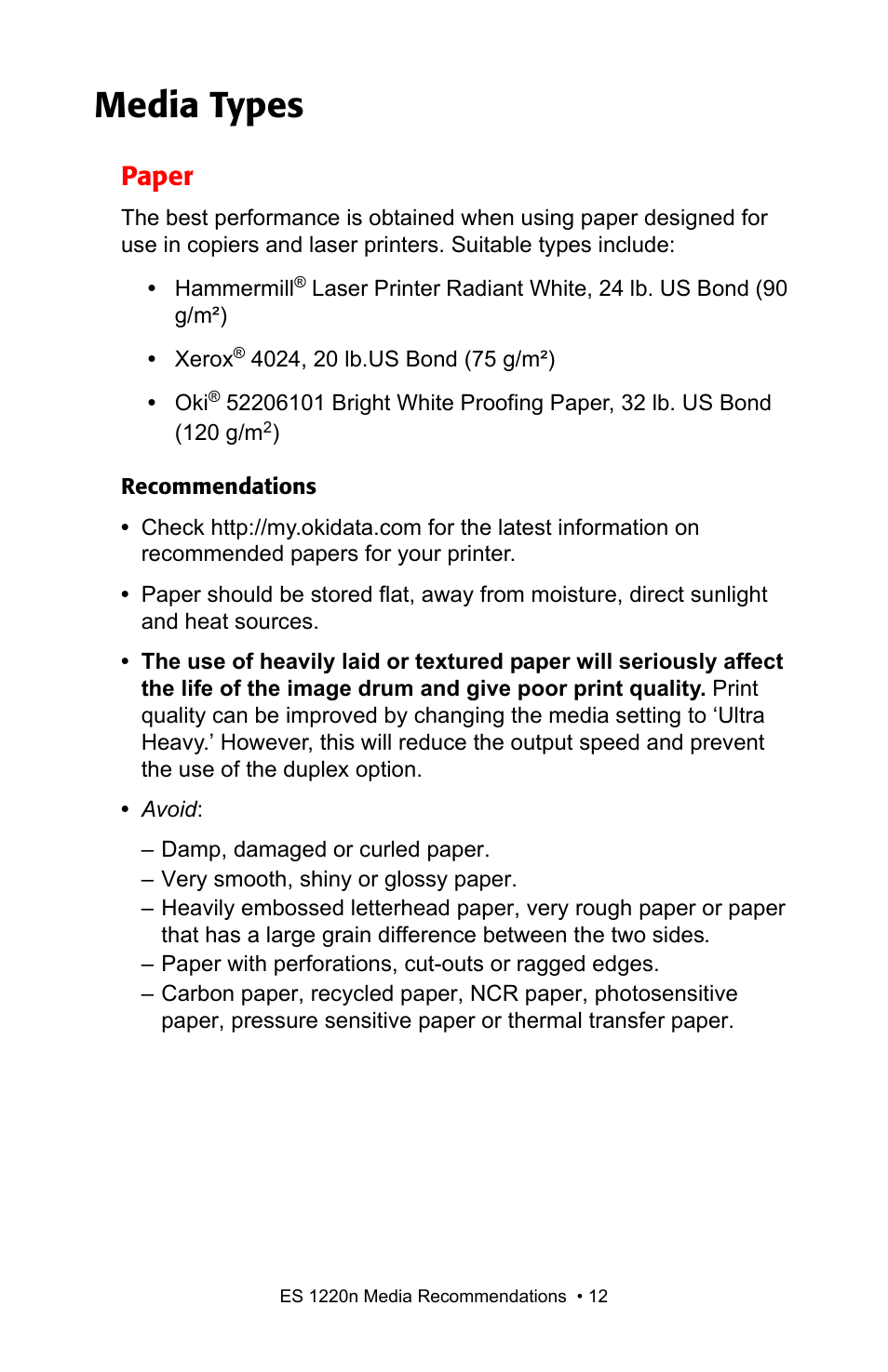 Media types, Paper | Oki 1220n User Manual | Page 12 / 207