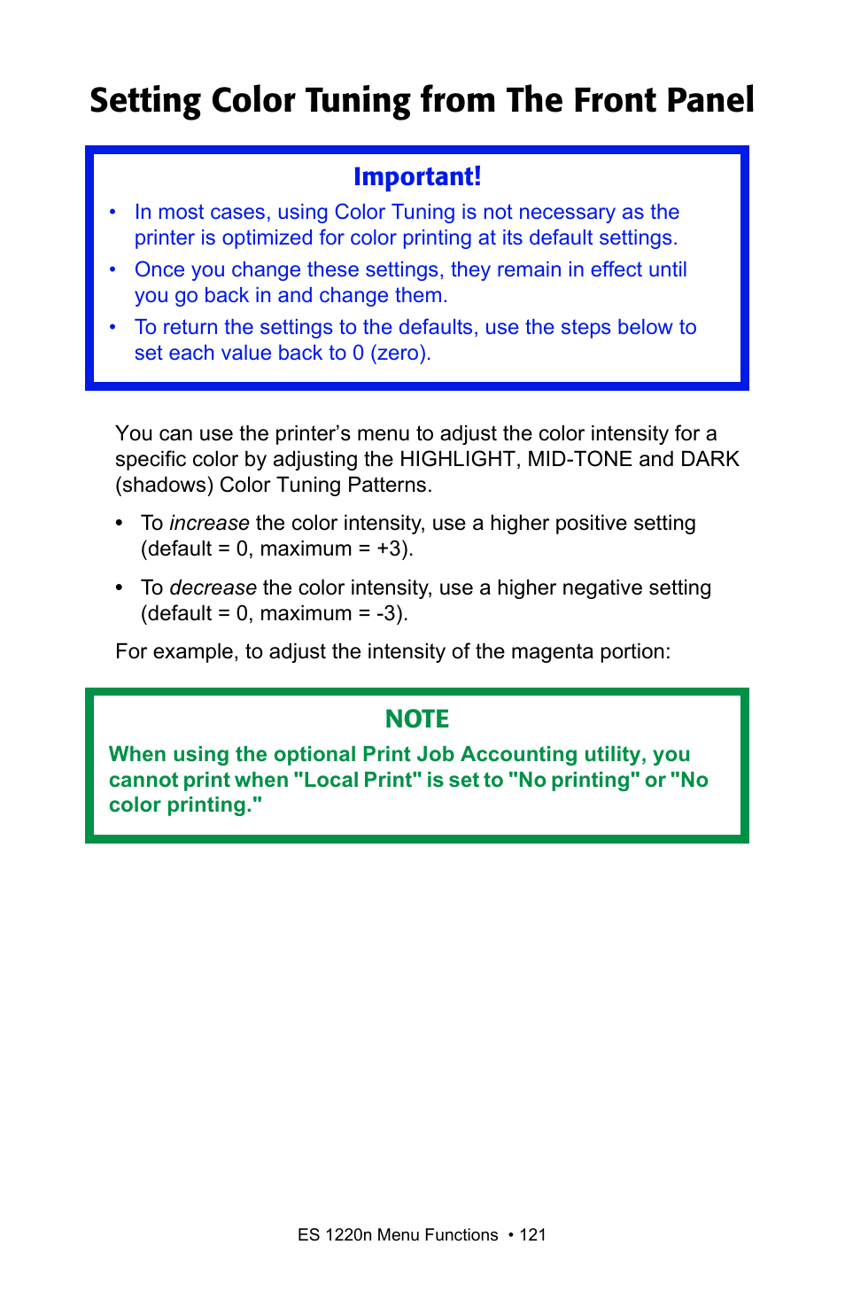Setting color tuning from the front panel, Important | Oki 1220n User Manual | Page 121 / 207