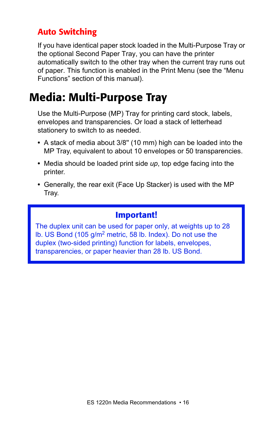 Auto switching, Media: multipurpose tray, Media: multi-purpose tray | Important | Oki 1220n User Manual | Page 16 / 207