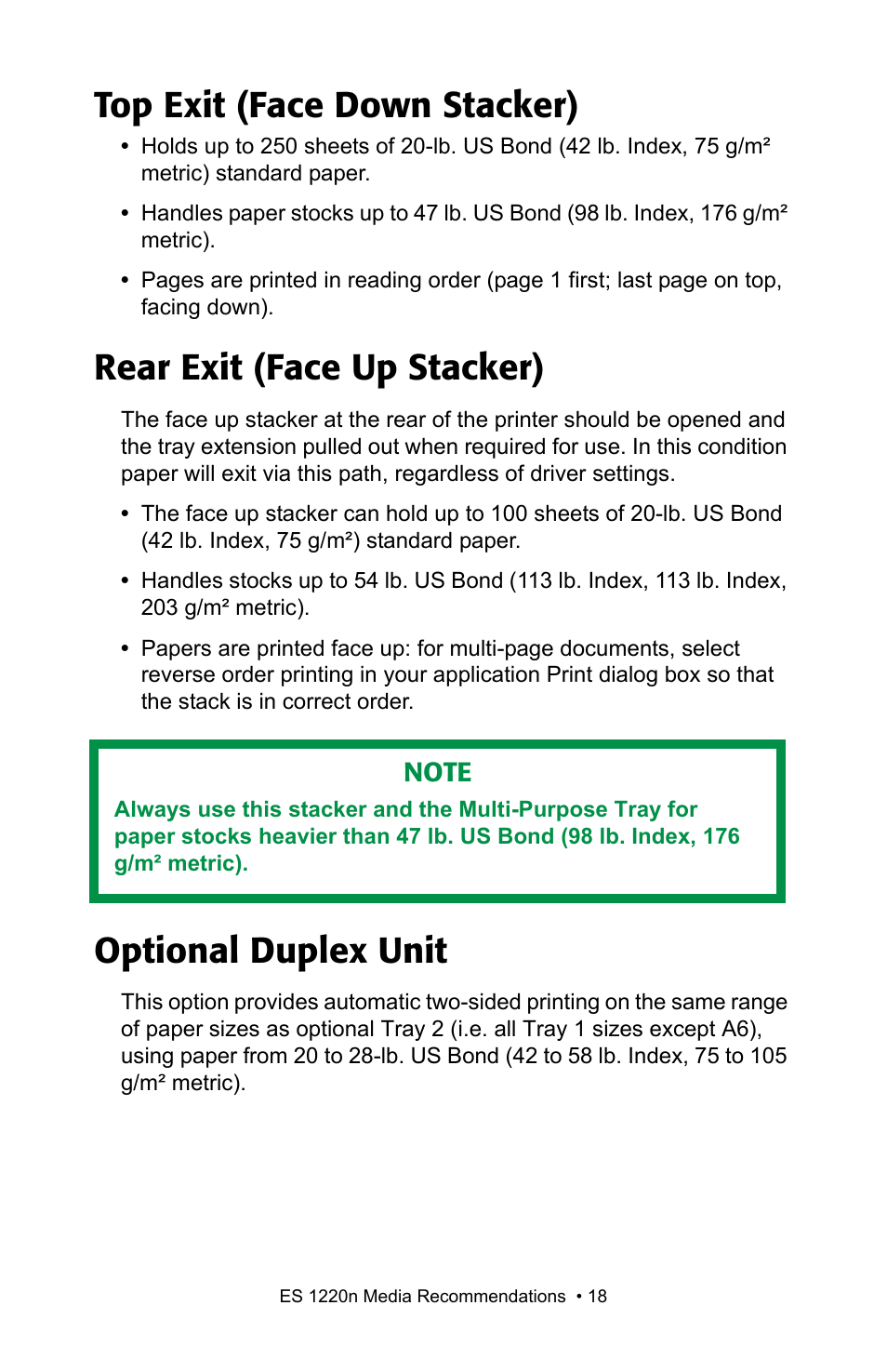 Top exit (face down stacker), Rear exit (face up stacker), Optional duplex unit | Oki 1220n User Manual | Page 18 / 207