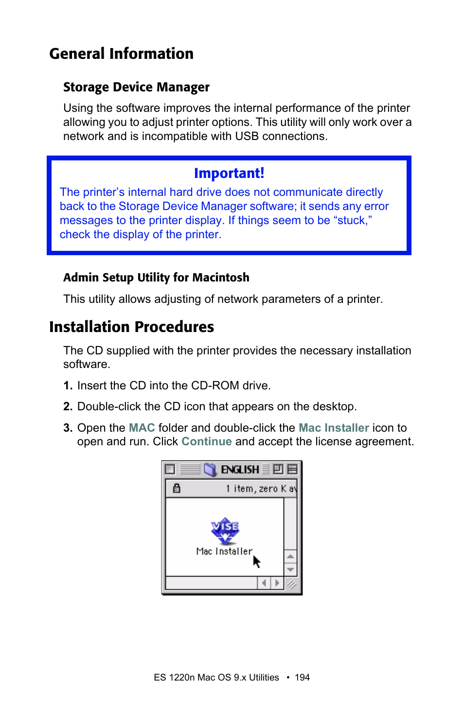 General information, Storage device manager, Installation procedures | Important | Oki 1220n User Manual | Page 194 / 207