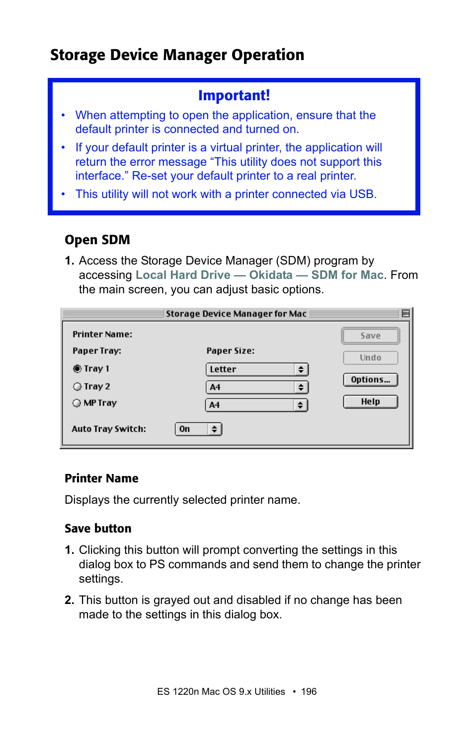 Storage device manager operation, Open sdm, Important | Oki 1220n User Manual | Page 196 / 207