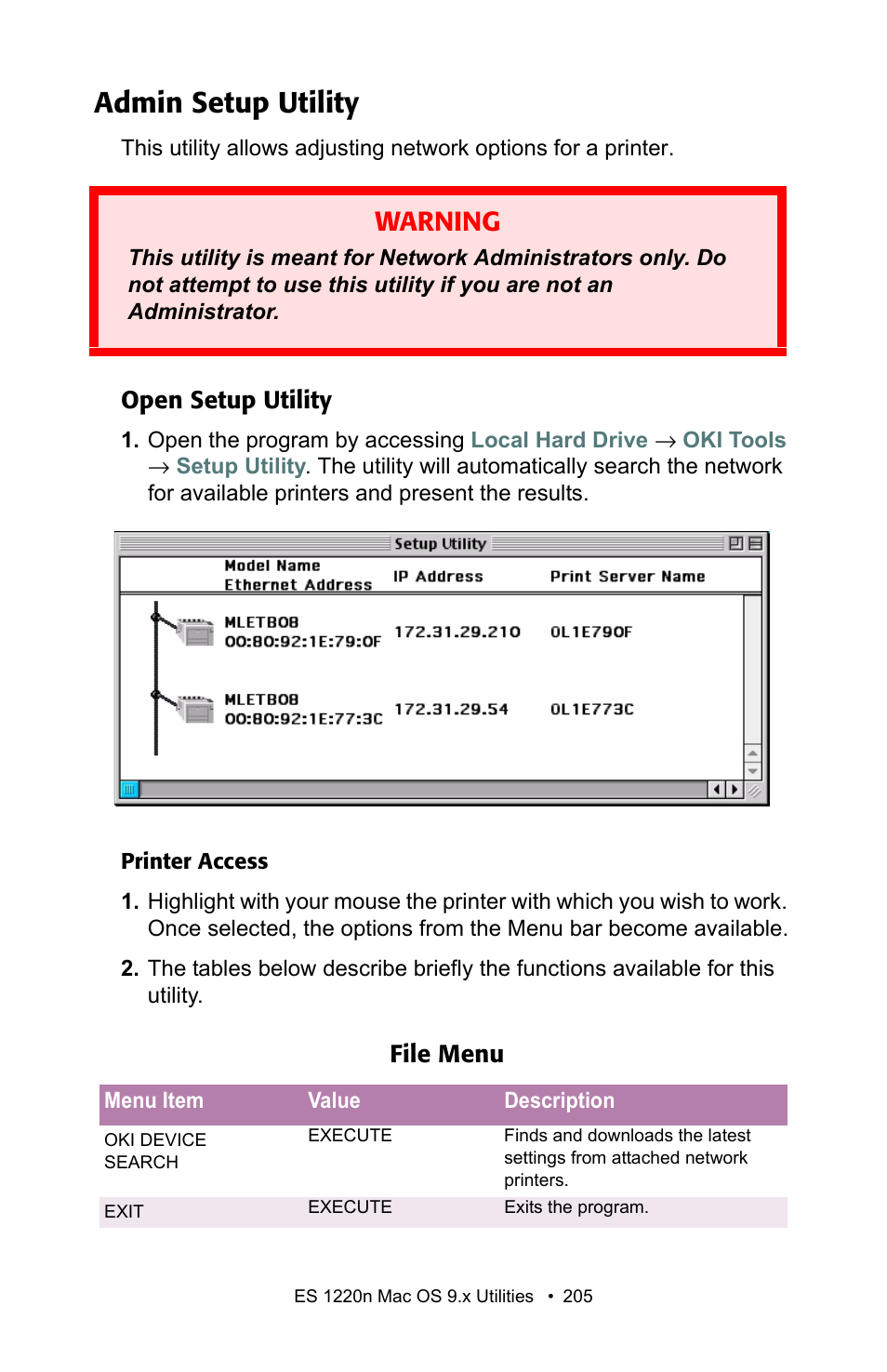 Admin setup utility, Open setup utility, Warning | Oki 1220n User Manual | Page 205 / 207
