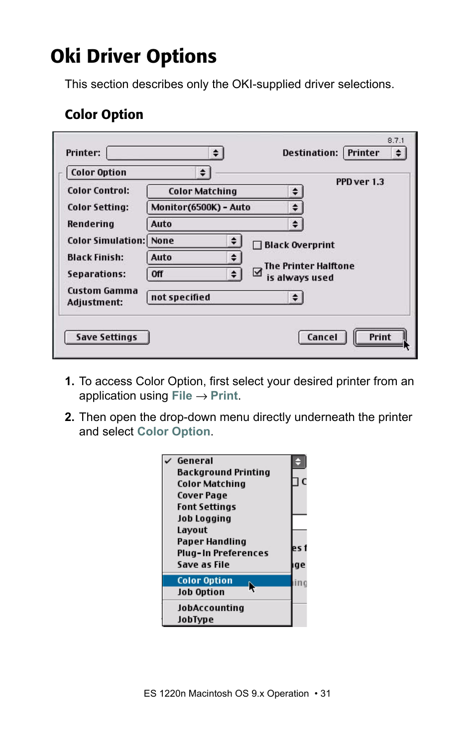 Oki driver options, Color option | Oki 1220n User Manual | Page 31 / 207