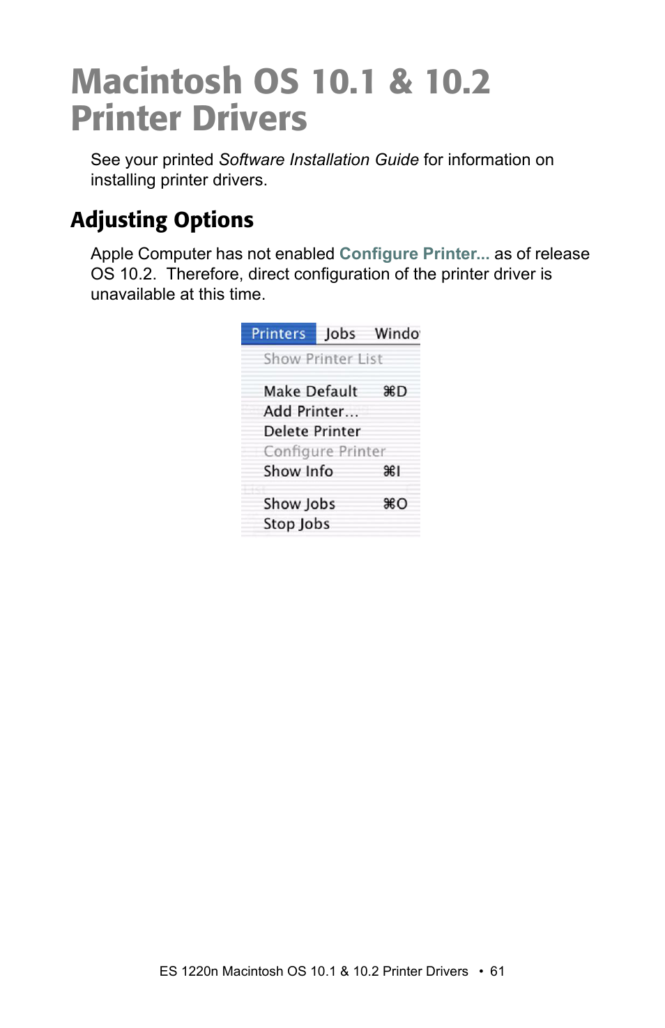 Macintosh os 10.1 & 10.2 printer drivers, Adjusting options | Oki 1220n User Manual | Page 61 / 207