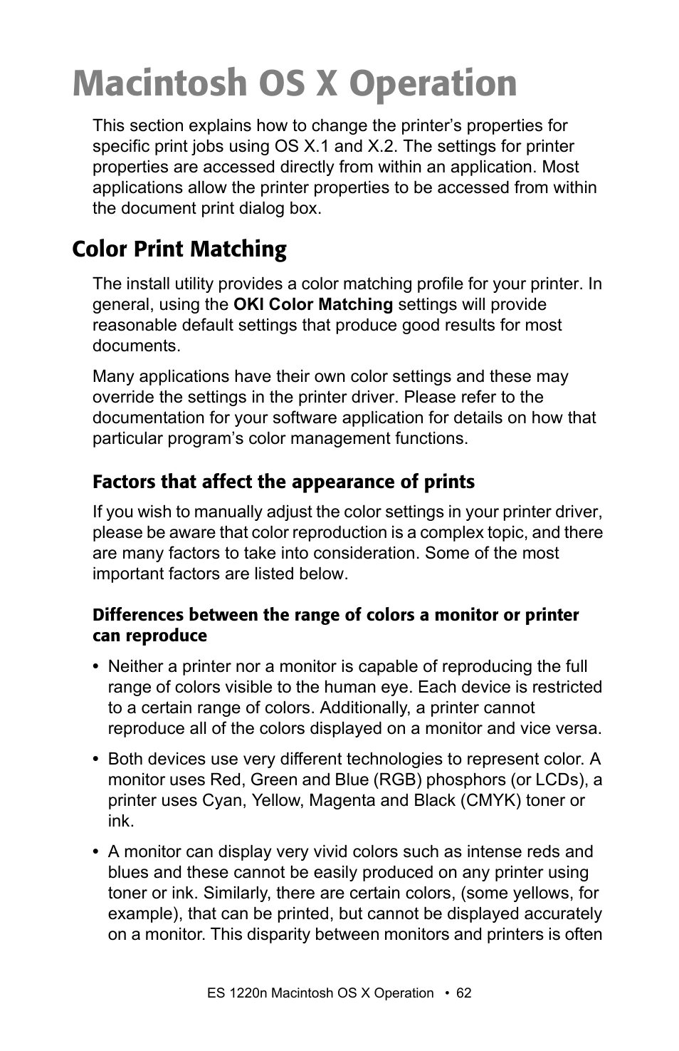 Macintosh os x operation, Color print matching, Factors that affect the appearance of prints | Oki 1220n User Manual | Page 62 / 207