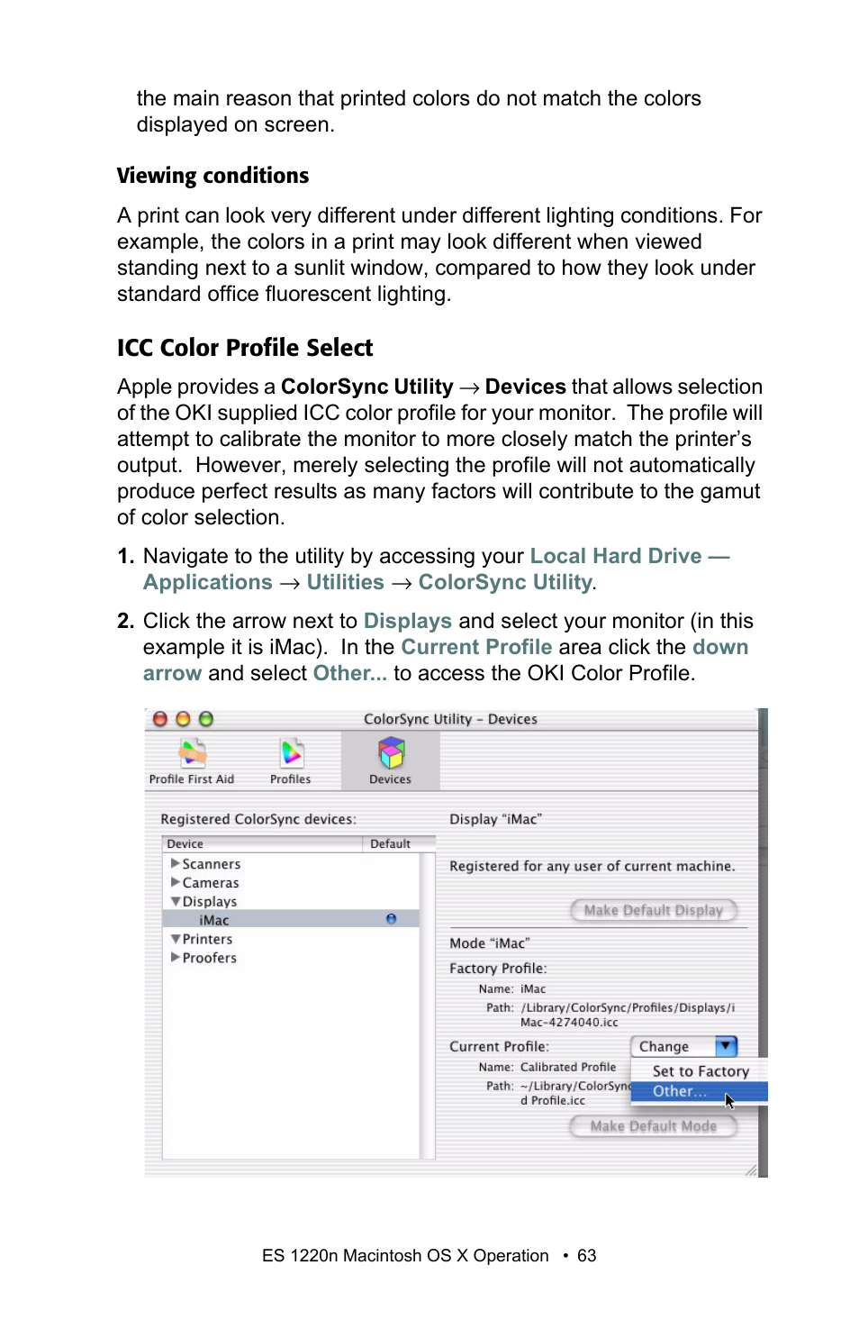 Icc color profile select | Oki 1220n User Manual | Page 63 / 207