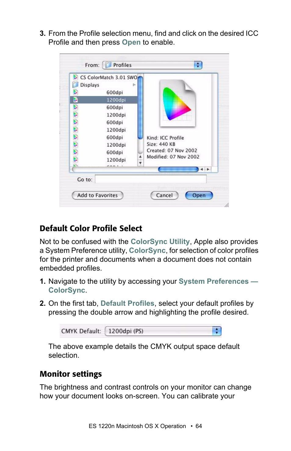 Default color profile select, Monitor settings, Default color profile select monitor settings | Oki 1220n User Manual | Page 64 / 207