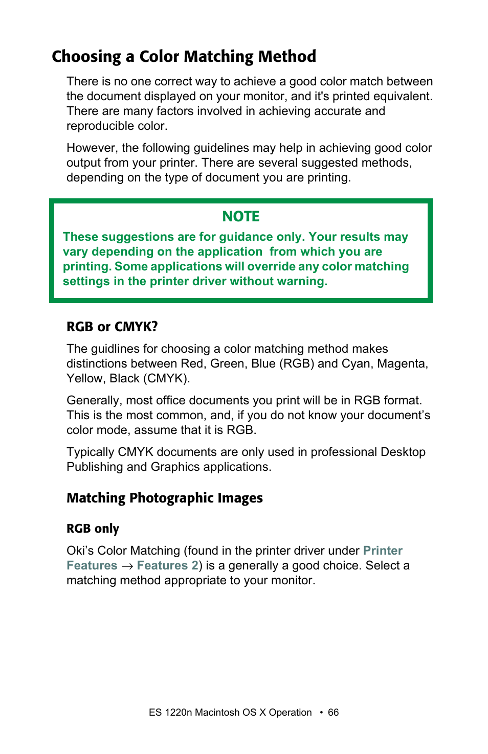 Choosing a color matching method, Rgb or cmyk, Matching photographic images | Rgb or cmyk? matching photographic images | Oki 1220n User Manual | Page 66 / 207