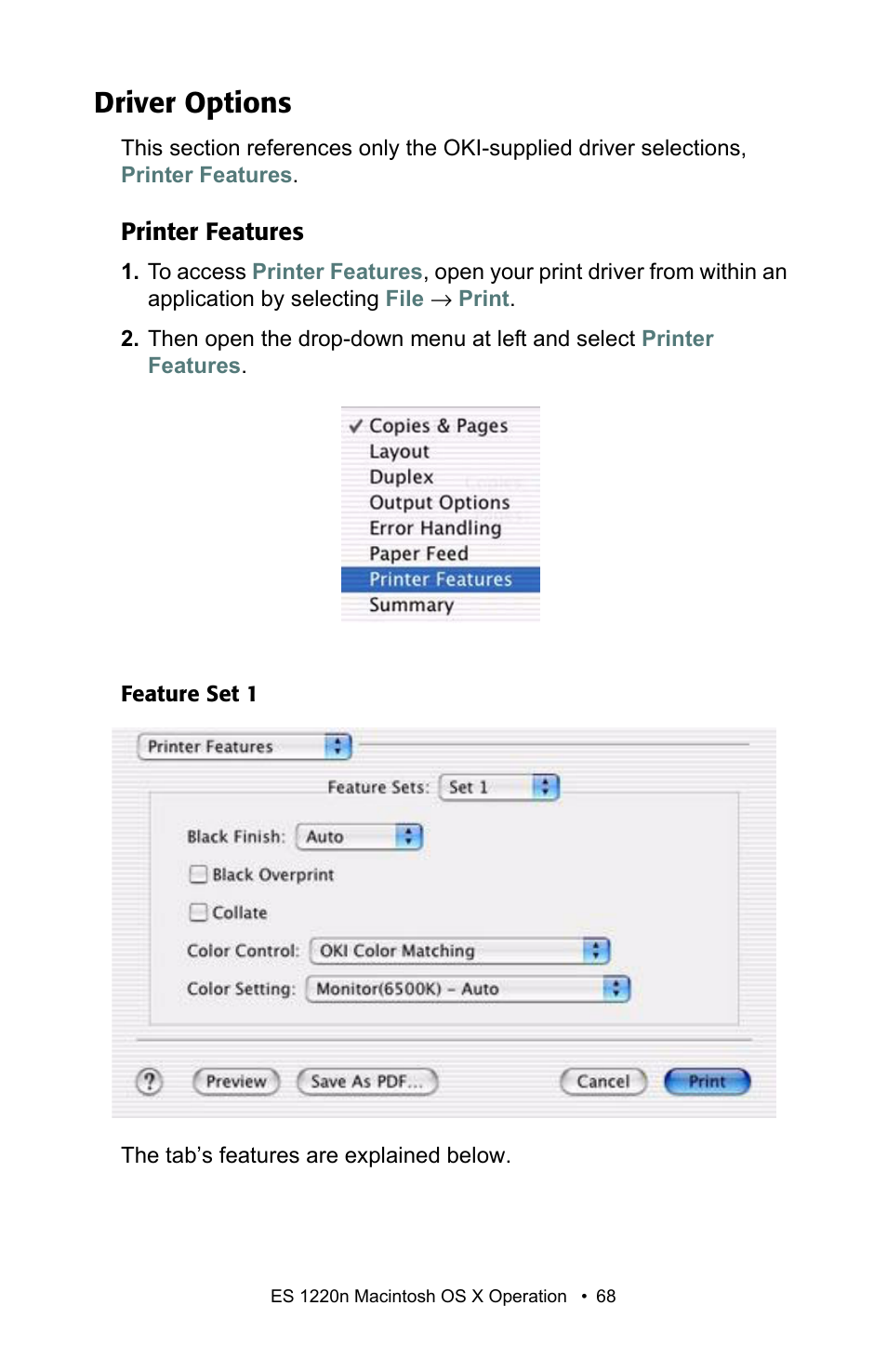 Driver options, Printer features | Oki 1220n User Manual | Page 68 / 207