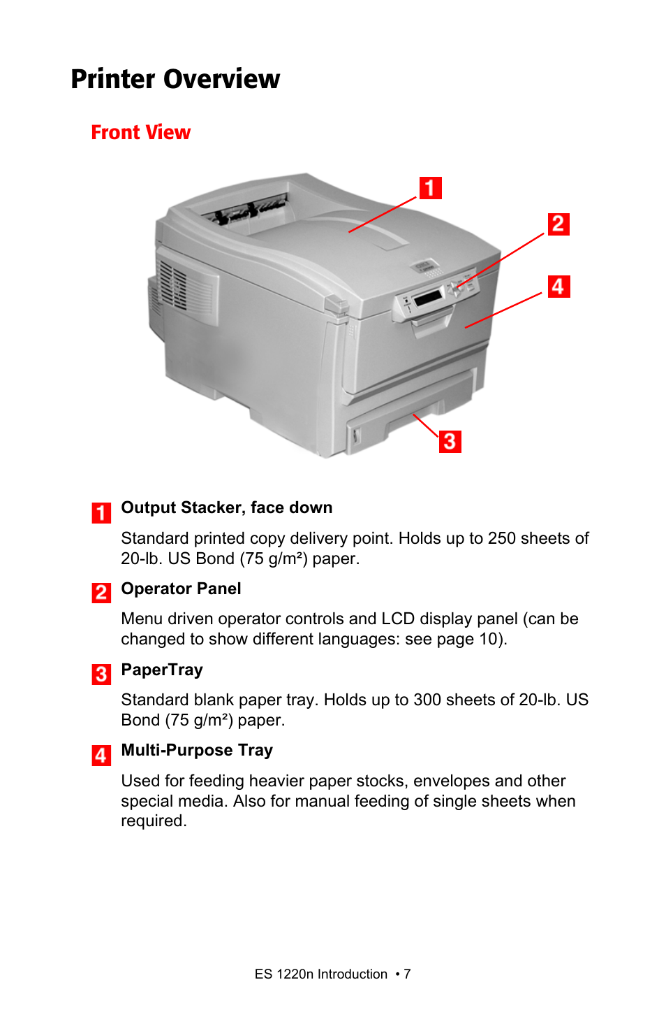 Printer overview, Front view | Oki 1220n User Manual | Page 7 / 207