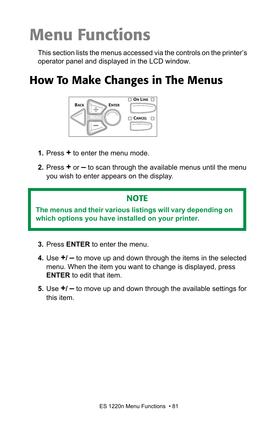 Menu functions, How to make changes in the menus | Oki 1220n User Manual | Page 81 / 207