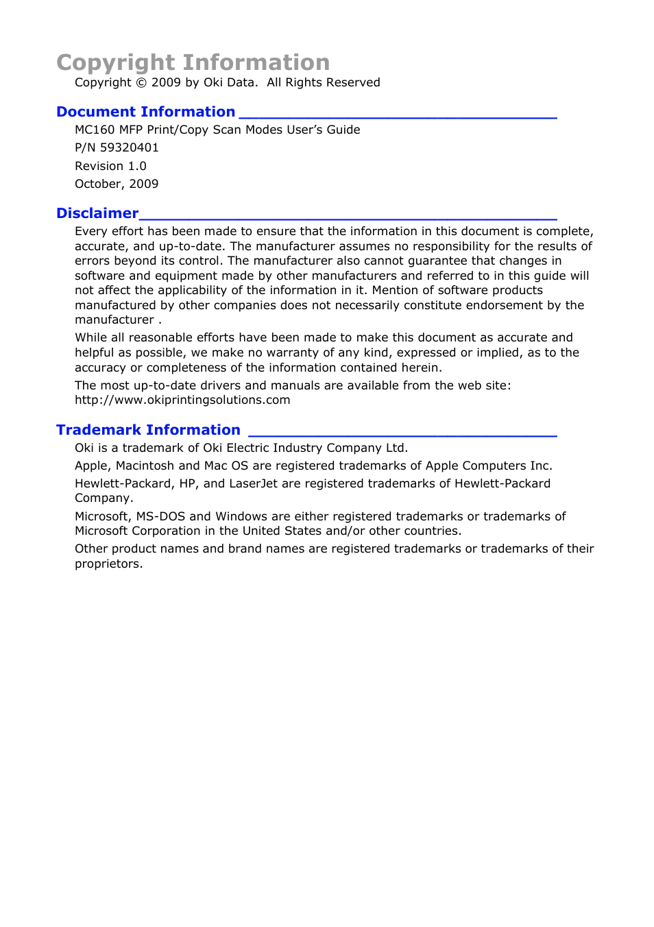 Copyright information | Oki MC160n User Manual | Page 2 / 268